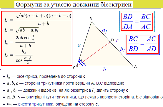 формули бісектриси трикутника, властивості бісектриси
