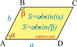 площадь параллелограмма через синус угла